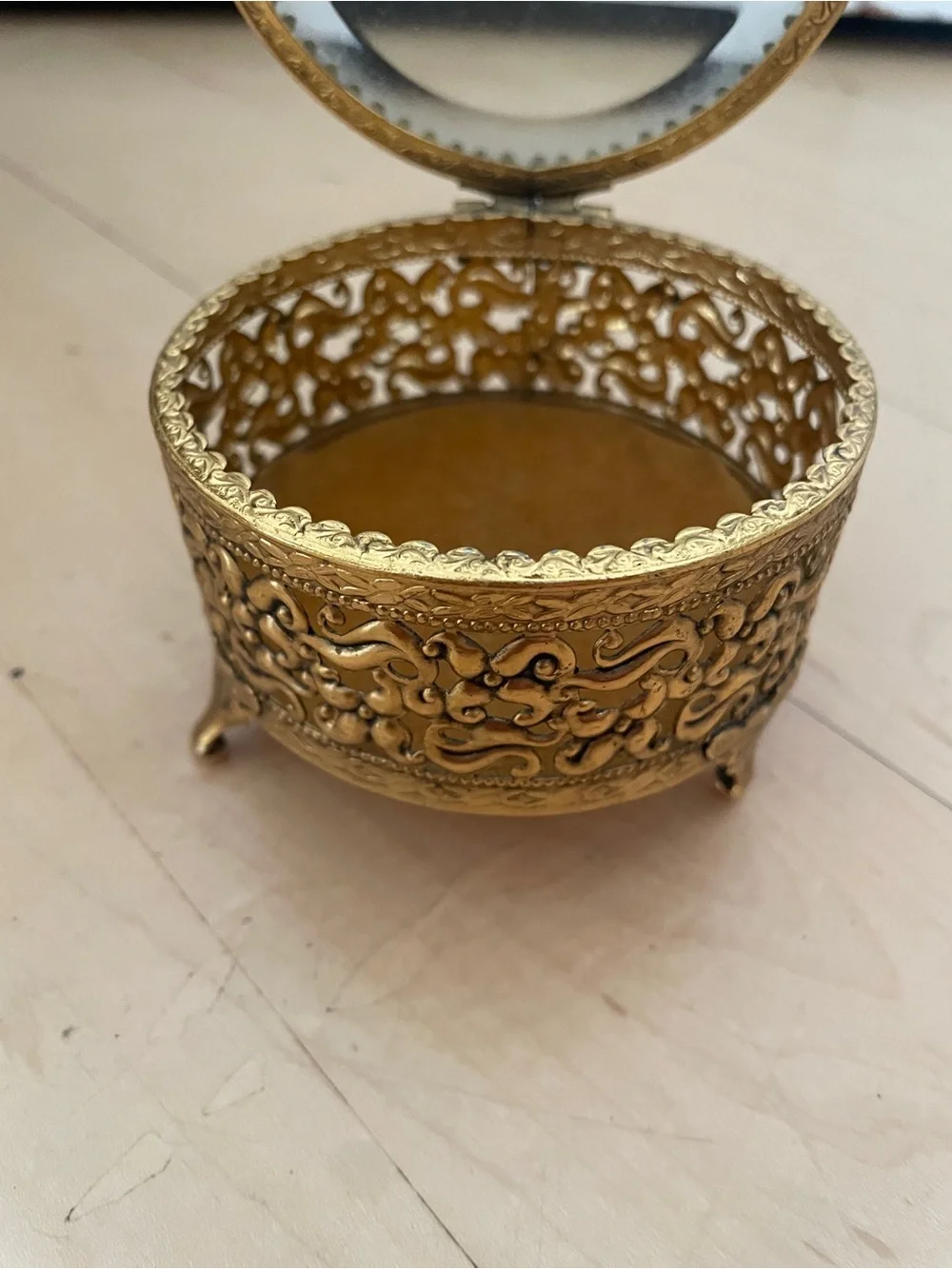 Vintage Gold Ormolu Beveled Glass Jewelry Casket Round Filigree Trinket Box 3
